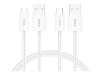 Belkin BoostCharge - USB-kabel - USB (hane) till 24 pin USB-C (hane) - 1.5 m - USB Fast Charge (15W), flätad kabel - vit (paket om 2) BBD010HQ05WH2PK